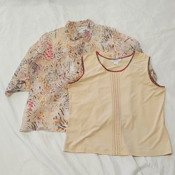 TanJay Tops - Tanjay 2 Piece Coordinating Gold Brown Red 3/4 Sleeve Blouse Set Size 12P
